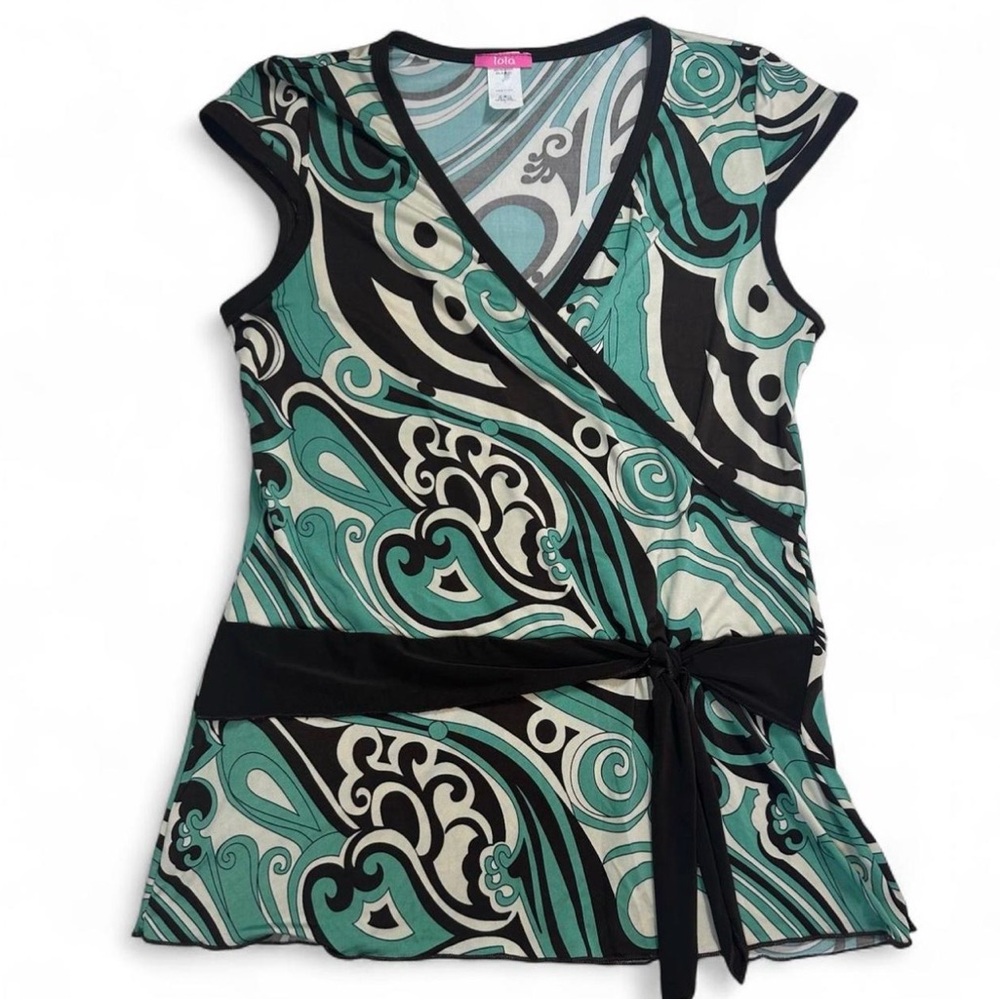 Y2K Fairycore Whimsy Wrap Top USA Made Teal and Brown Tie Waist Blouse